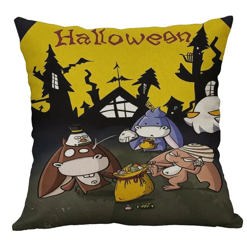 Yellow and black halloween-themed linen pillow cover with pumpkin ghost bat cartoon characters for living room decor