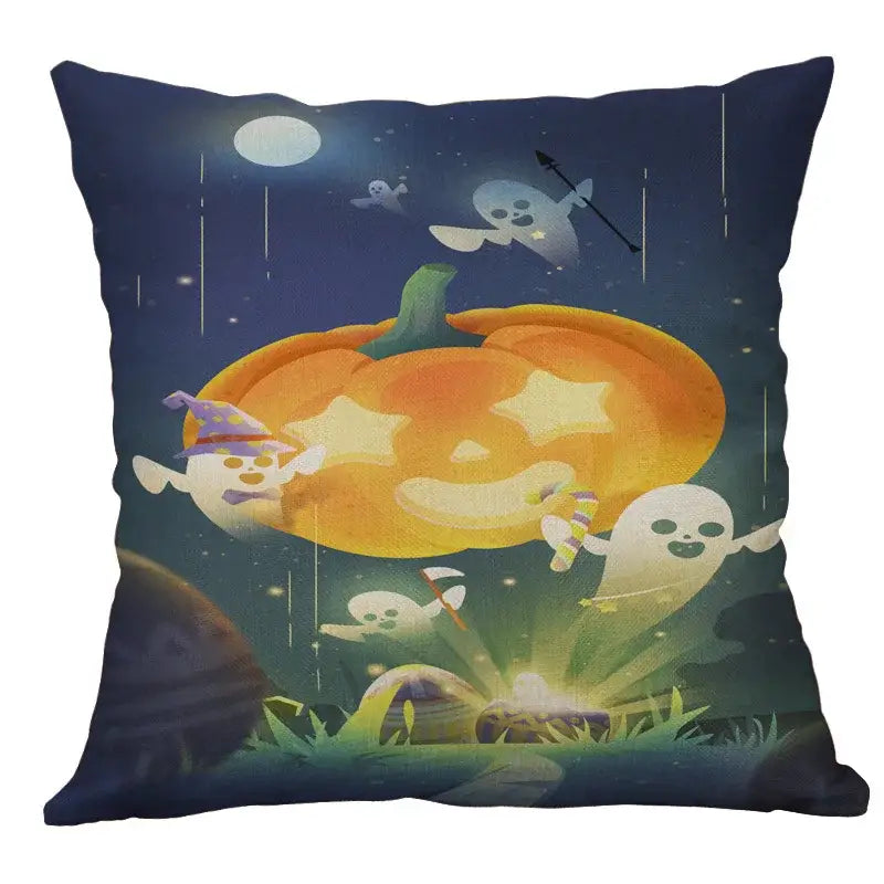 Square halloween pumpkin ghost bat linen pillow cover with glowing orange jack o lantern and cartoon ghosts design