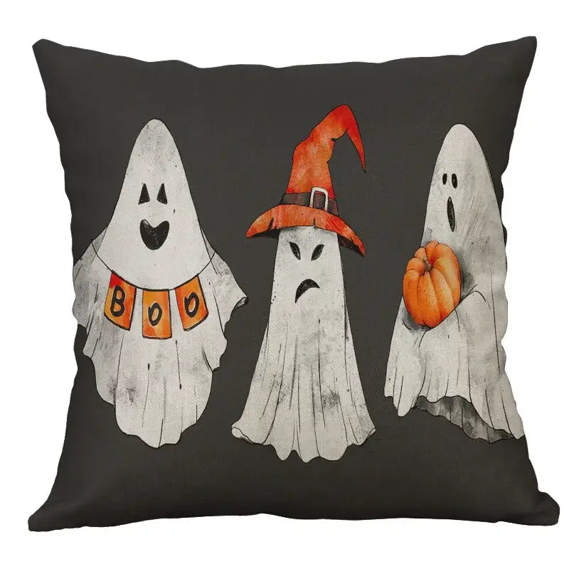 Black halloween pumpkin ghost bat linen pillow cover featuring three white ghosts with orange accents for living room decor