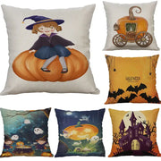 Halloween pumpkin ghost bat linen pillow cover with witches pumpkins bats and haunted castle designs in orange black purple and cream