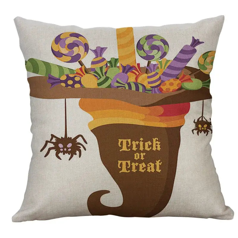 Beige linen halloween pumpkin ghost bat pillow cover with colorful candy bucket and hanging spiders for living room decor