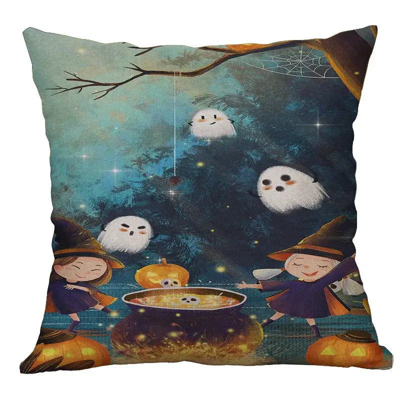 Halloween pumpkin ghost bat pillow cover featuring cartoon witches and ghosts around a cauldron on soft fabric