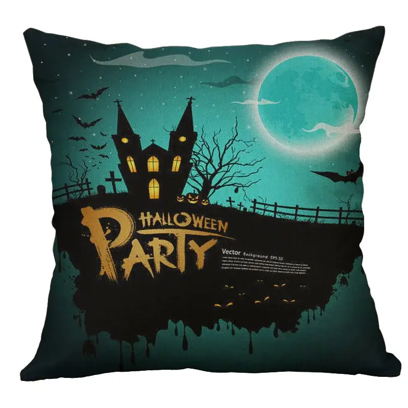 Halloween pumpkin ghost bat linen pillow cover featuring a spooky castle under a teal moon on dark fabric