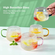Clear textured 400ml hammer pattern glass mug with colorful green yellow and pink handles for kitchen glassware