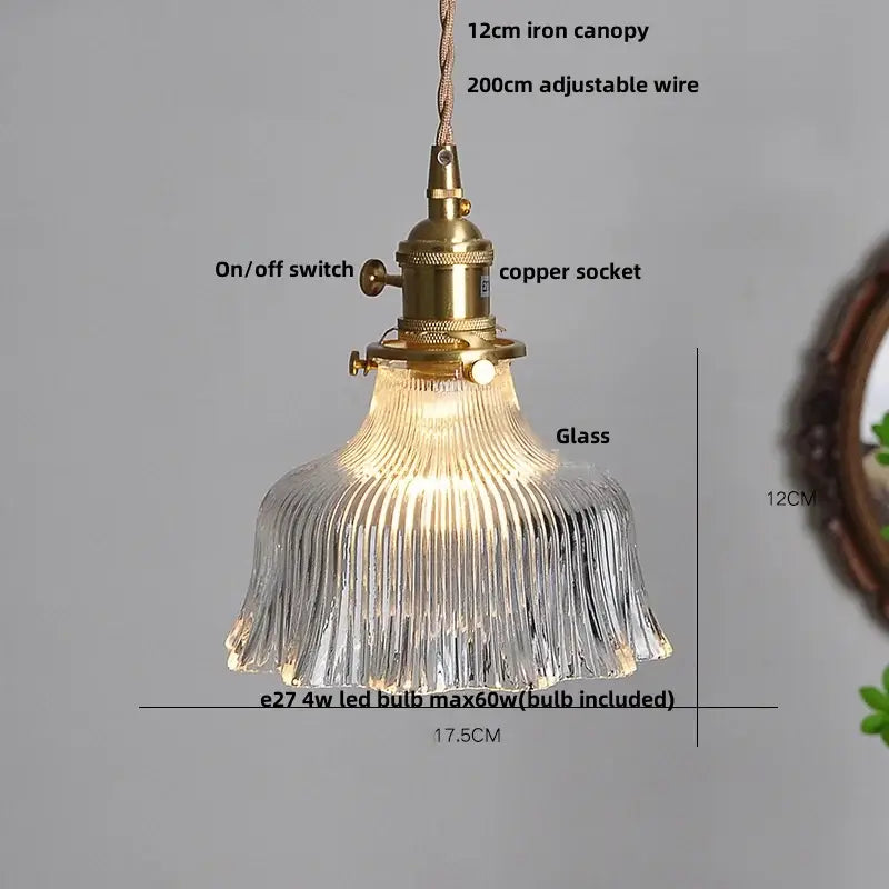 Vintage-style pendant light with clear ribbed glass shade and brass finish in hammered amber glass led kitchen hanging lamp