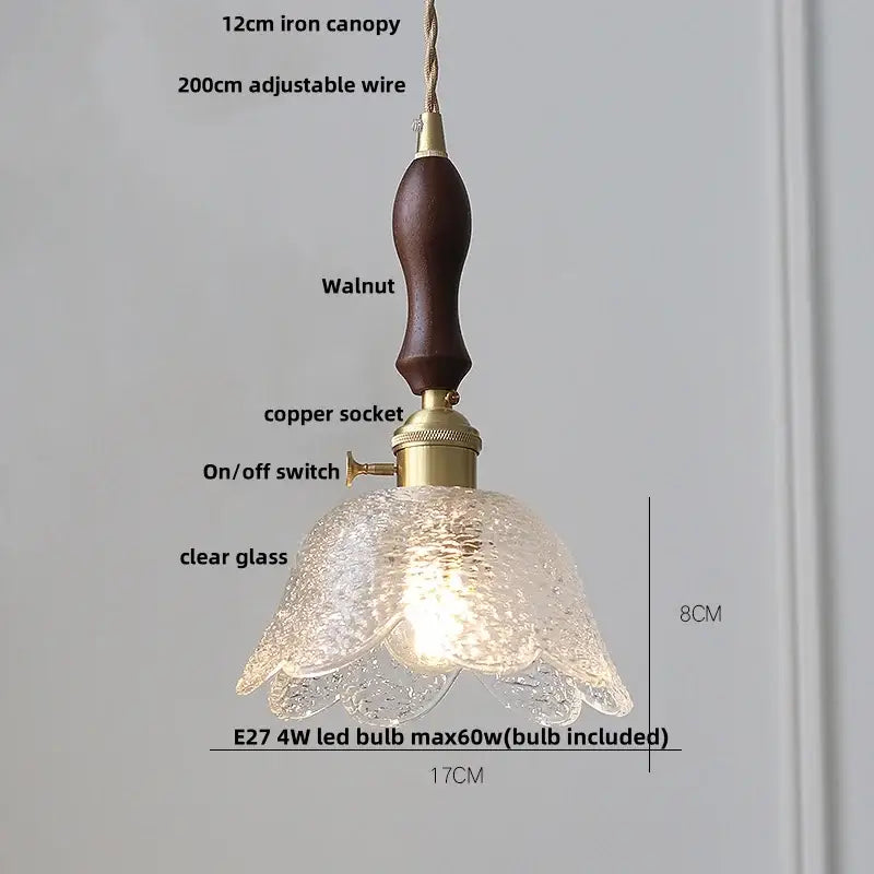 Delicate amber glass led pendant light with textured petals and walnut wood handle for kitchen hanging lamp