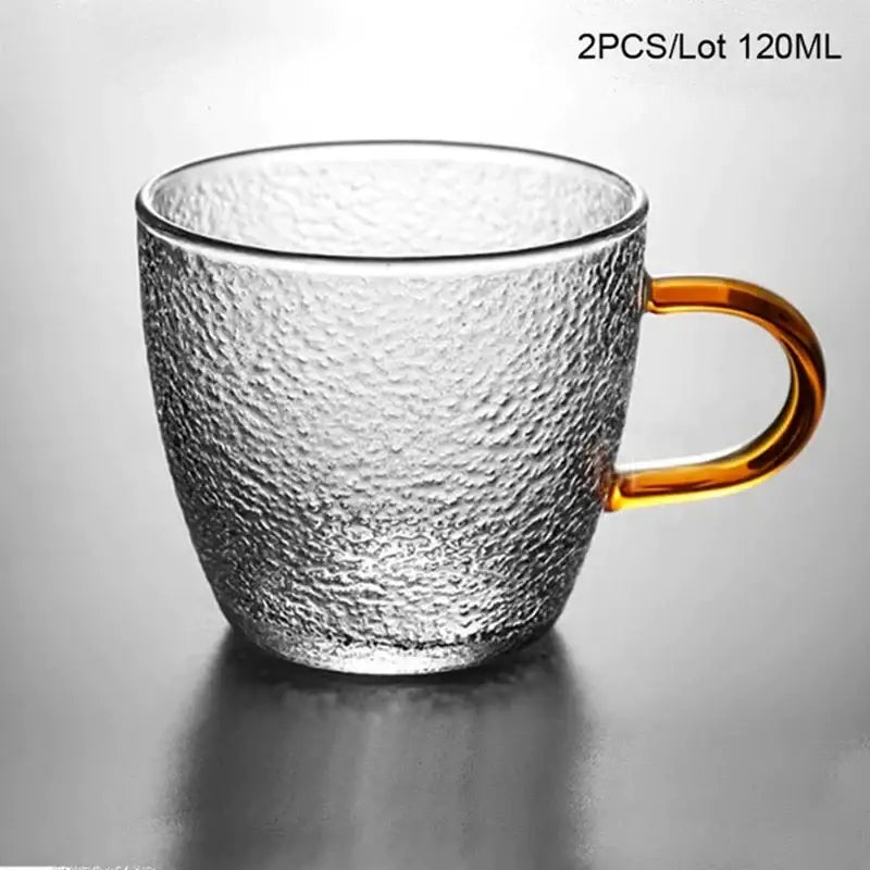 Clear textured glass mug with amber handle made of borosilicate glass from hammered clear and amber teapot set