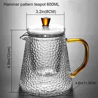 Clear borosilicate glass teapot with hammered texture and amber handle for kitchen tea set use