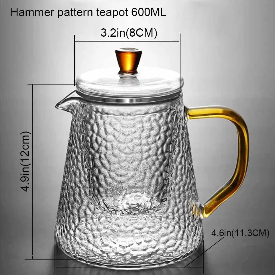 Clear borosilicate glass teapot with hammered texture and amber handle for kitchen tea set use