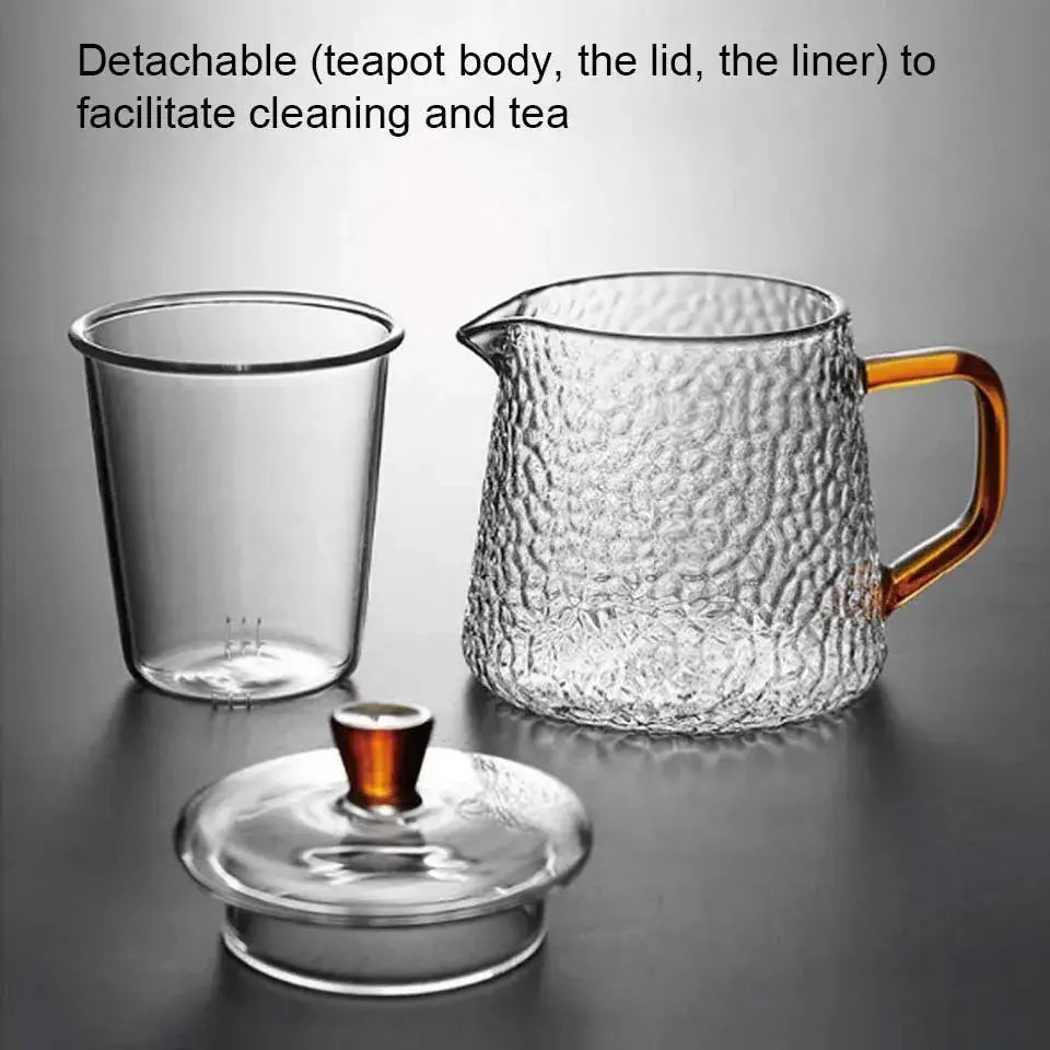 Clear borosilicate glass teapot with hammered finish and amber handle and lid knob for kitchen tea set
