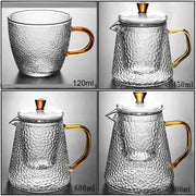 Clear hammered borosilicate glass teapots with amber handles and lids in 120ml to 900ml sizes for kitchen use