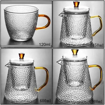 Clear hammered borosilicate glass teapots with amber handles and lids in 120ml to 900ml sizes for kitchen use