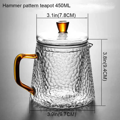 Clear borosilicate glass teapot with hammered texture amber handle and lid knob 450ml capacity for kitchen tea set
