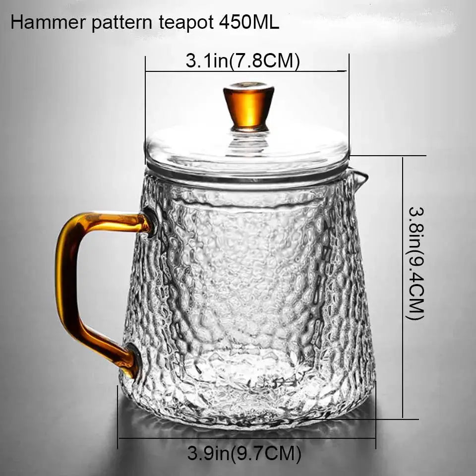 Clear borosilicate glass teapot with hammered texture amber handle and lid knob 450ml capacity for kitchen tea set