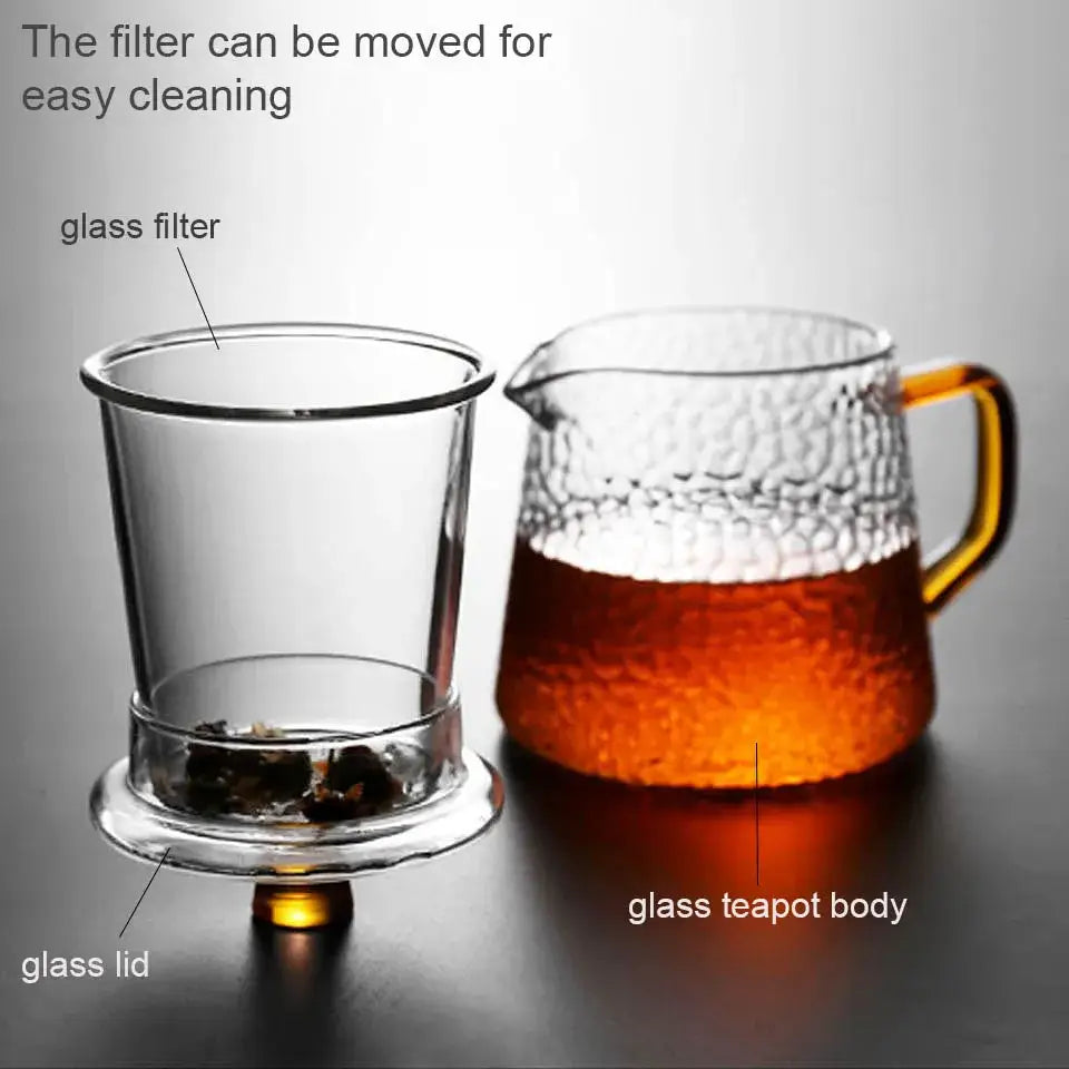 Clear borosilicate glass teapot with a hammered finish and amber handle for an elegant kitchen tea set