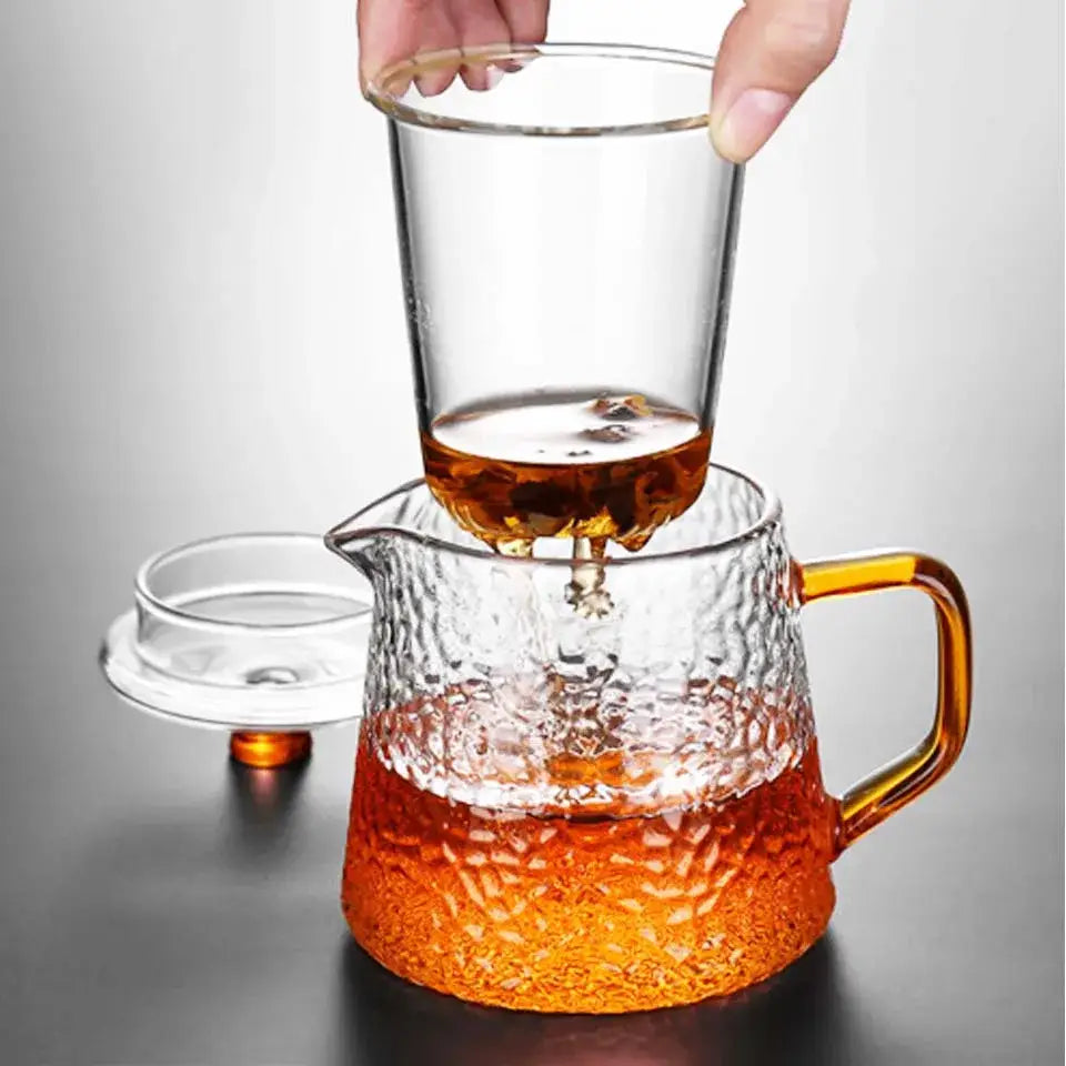 Clear borosilicate glass teapot with a hammered finish and amber handle for a stylish kitchen tea set