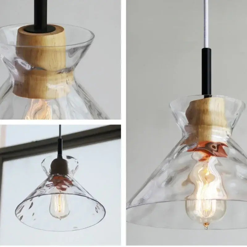 Clear glass pendant light with wooden collar and exposed filament bulb for kitchen decorbites clear glass decor