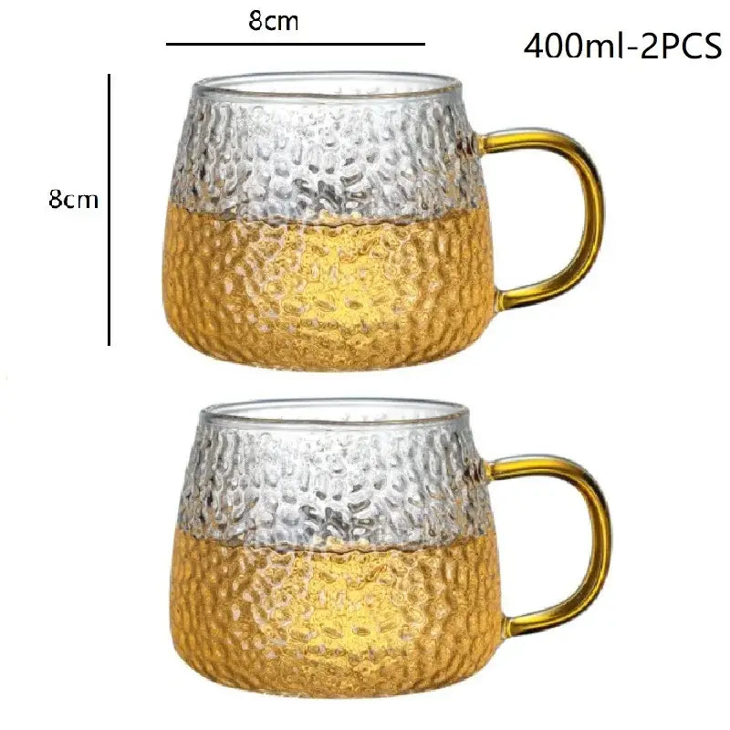 Hammered clear glass water cup with gold handle 400ml capacity for kitchen use in glass water cup design
