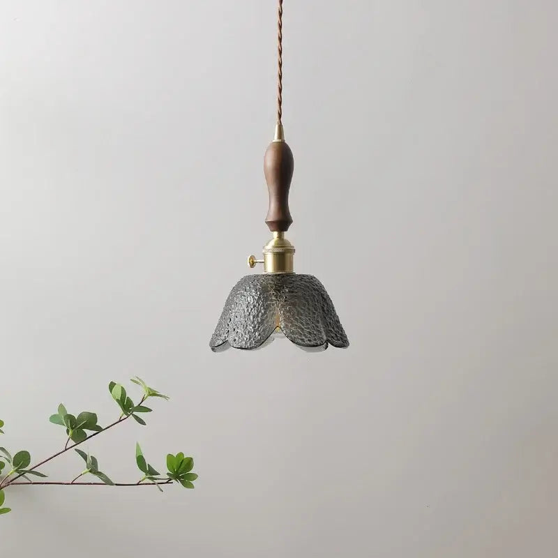 Delicate dark gray textured glass led pendant lamp with wooden handle and brass accents for living room lighting