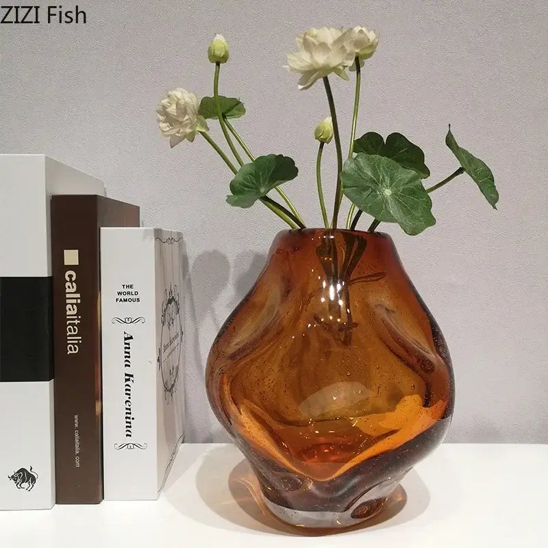 Hand blown amber glass vase with a glossy finish featuring unique shape for artificial flower desk decorbites amber glass