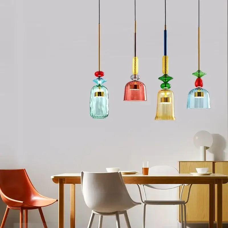 Hand-blown colorful candy glass chandelier pendant light with gold metal accents for dining room decorbites pendant light