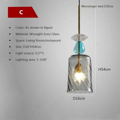 A modern hand-blown decorbites candy glass chandelier pendant light with twisted glass shade and teal accent