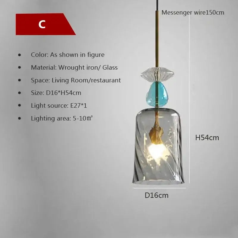 A modern hand-blown decorbites candy glass chandelier pendant light with twisted glass shade and teal accent