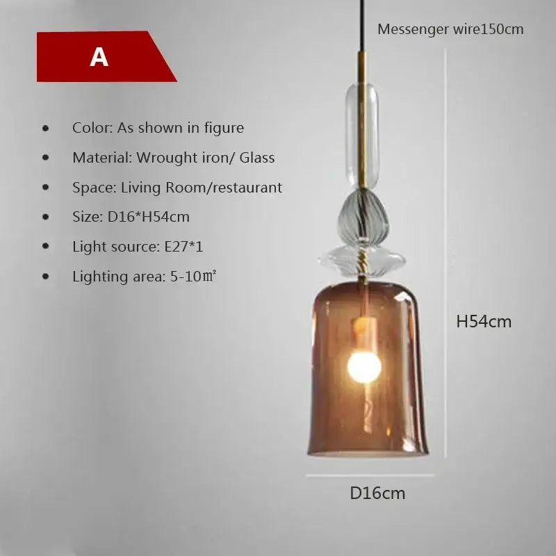 Warm amber hand-blown candy glass chandelier pendant light with wrought iron fixture and bell-shaped shade for dining room decorbites pendant light