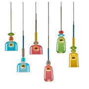 A set of six colorful hand-blown decorbites candy glass pendant lights with textured surfaces and metallic accents for dining room decor