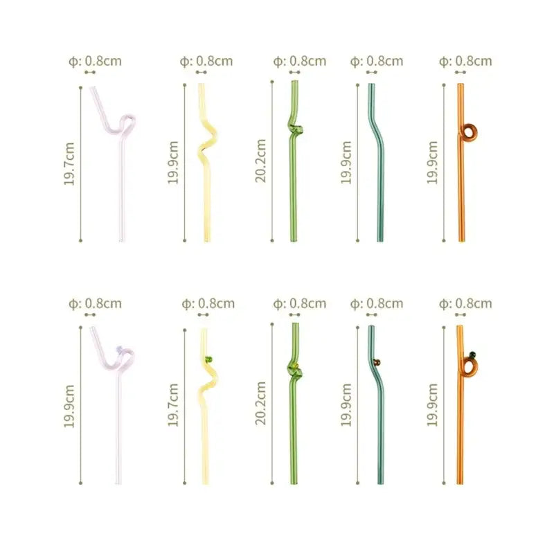 Set of hand blown colorful twisted glass straws by decorbites in assorted hues with curly and looped designs