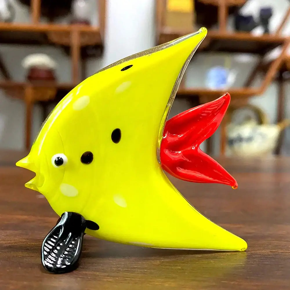 Vibrant yellow crystal glass tropical fish figurine with red tail and black fins for living room decor by decorbites