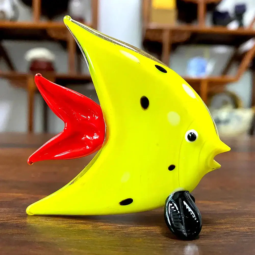 Vibrant yellow hand blown crystal glass tropical fish figurine with red tail and black spots for living room decorbites decor