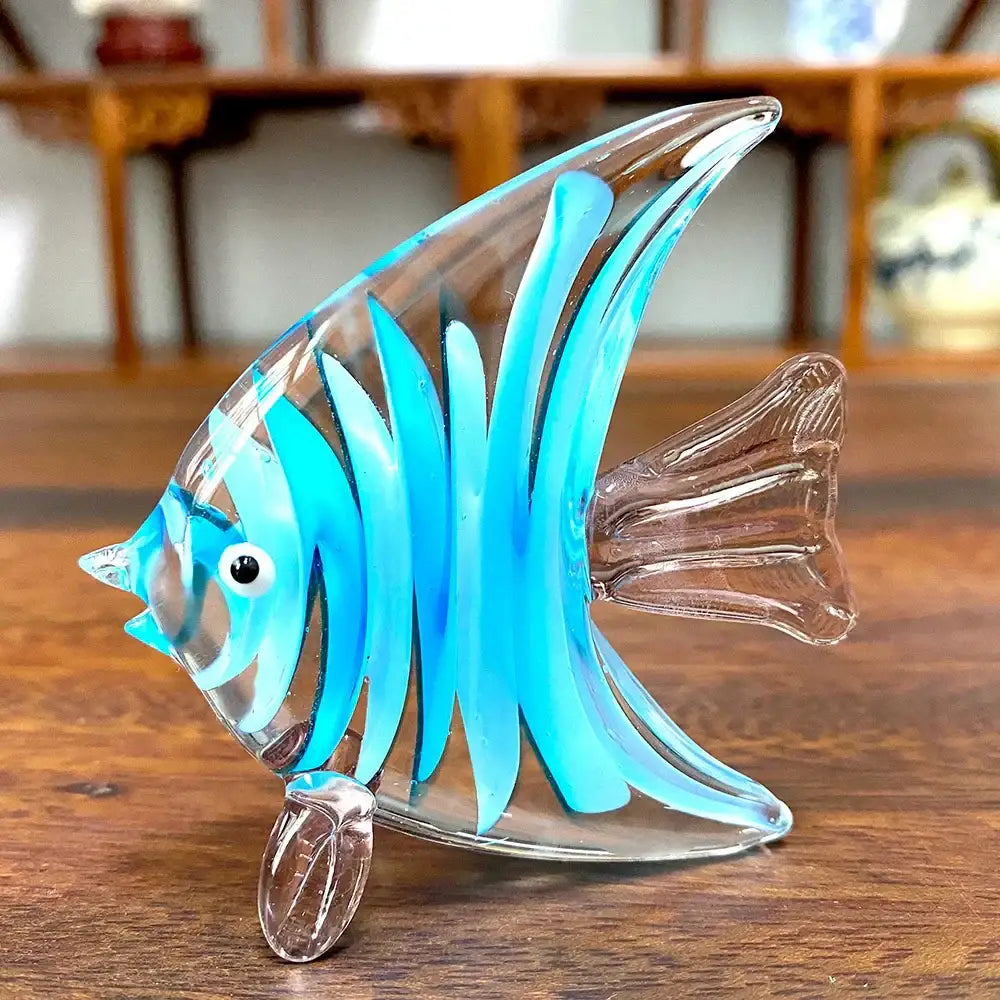 Hand blown decorbites crystal glass tropical fish figurine in blue with turquoise stripes for living room decor