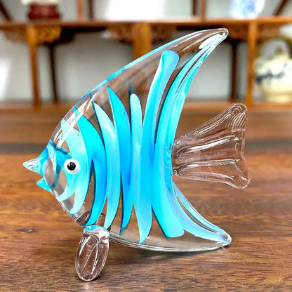 Hand blown decorbites crystal glass tropical fish figurine in blue with turquoise stripes for living room decor