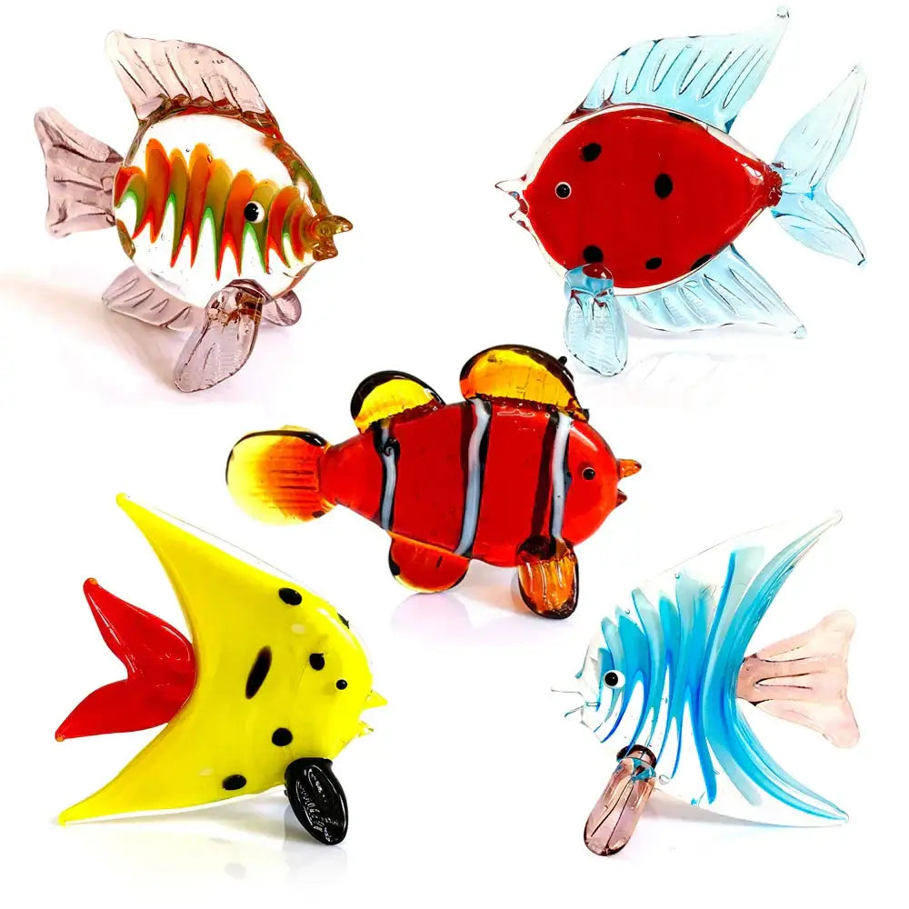 Hand blown crystal glass tropical fish figurines in vibrant colors and patterns for living room decor by decorbites crystal glass
