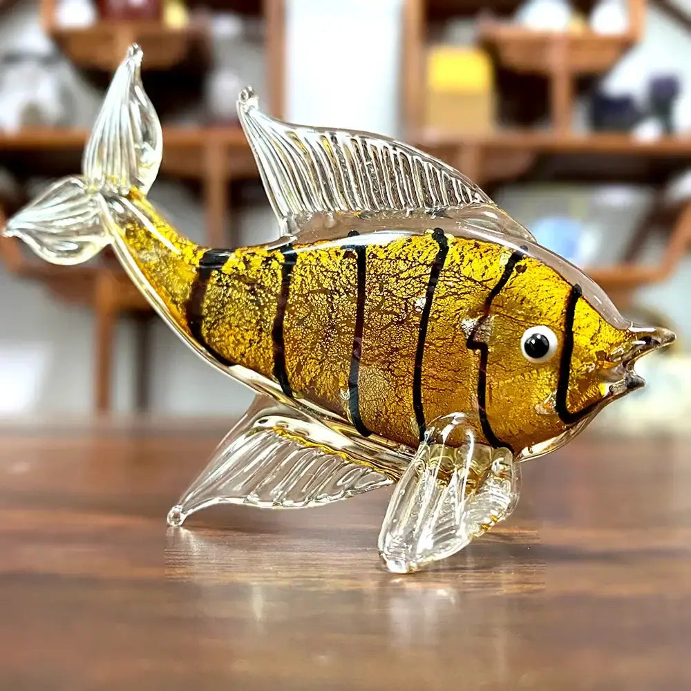Hand blown crystal glass tropical fish figurine with translucent golden body and black stripes for decorbites crystal glass decor