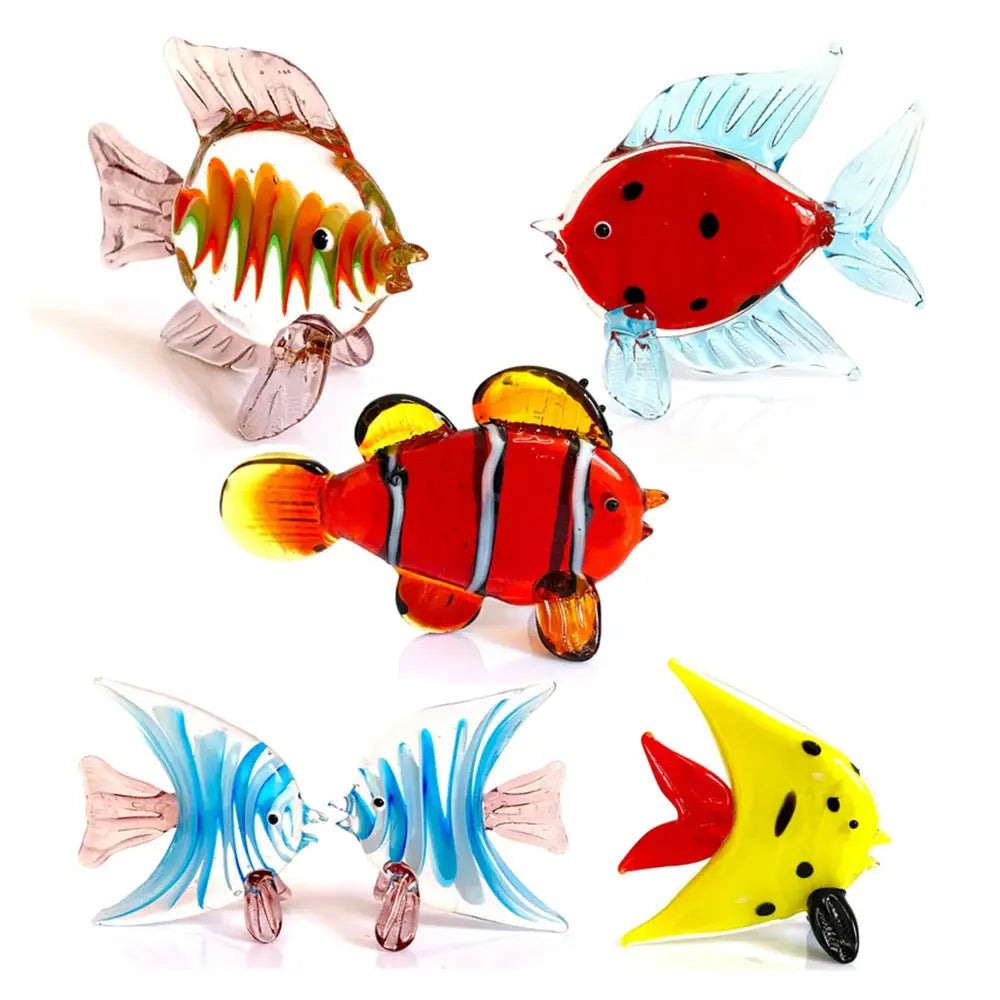 Vibrant hand blown crystal glass tropical fish figurines in assorted colors for living room decor by decorbites crystal glass
