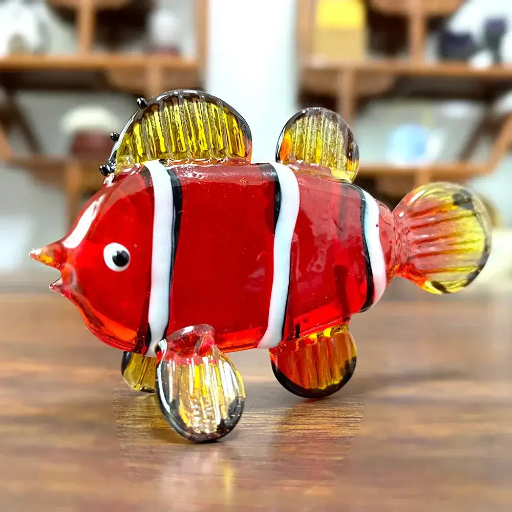Vibrant red hand blown decorbites crystal glass tropical fish figurine with white black stripes and yellow fins for living room decor