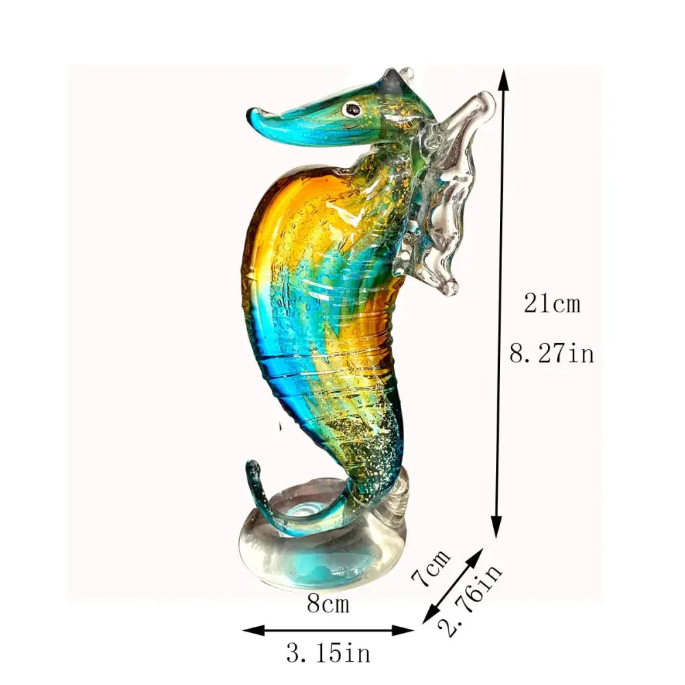 Hand blown glass seahorse figurine in turquoise yellow and green hues for living room decor
