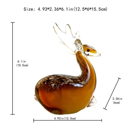 Hand blown glass sika deer figurine in translucent amber with white speckles and clear antlers for living room decor