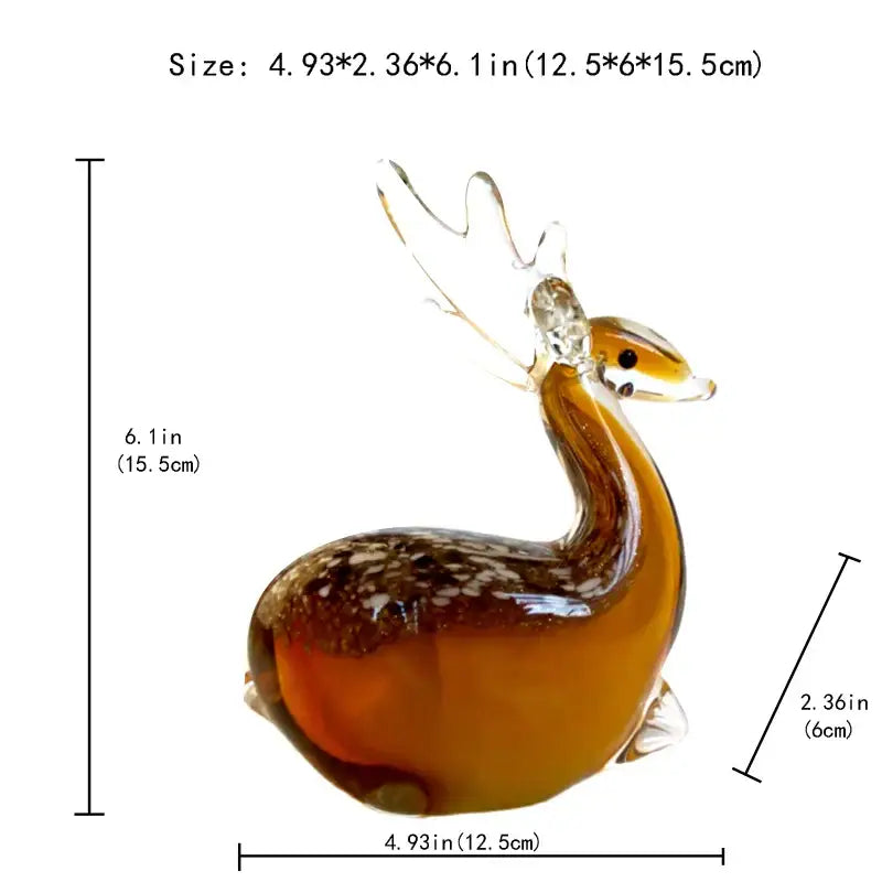 Hand blown glass sika deer figurine in translucent amber with white speckles and clear antlers for living room decor