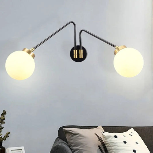 DecorBites™ Hand Blown Milk Glass Bedside Wall Mount Sconce - Minimalistic Angled Arm Design with 2 Bulbs in Black