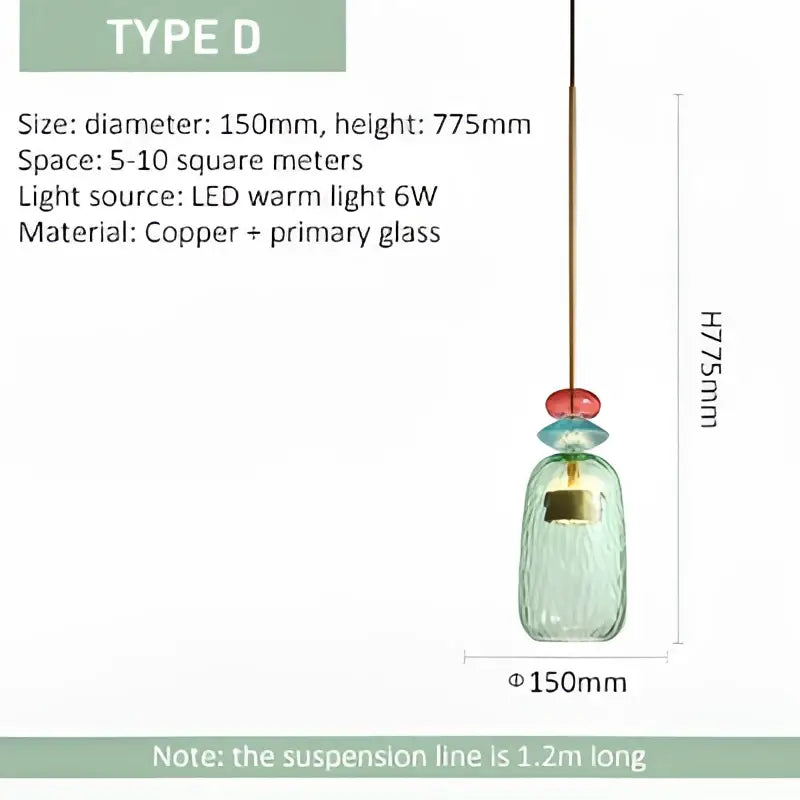 A delicate teal hand blown textured glass pendant light with copper accent and red bead for kitchen accent