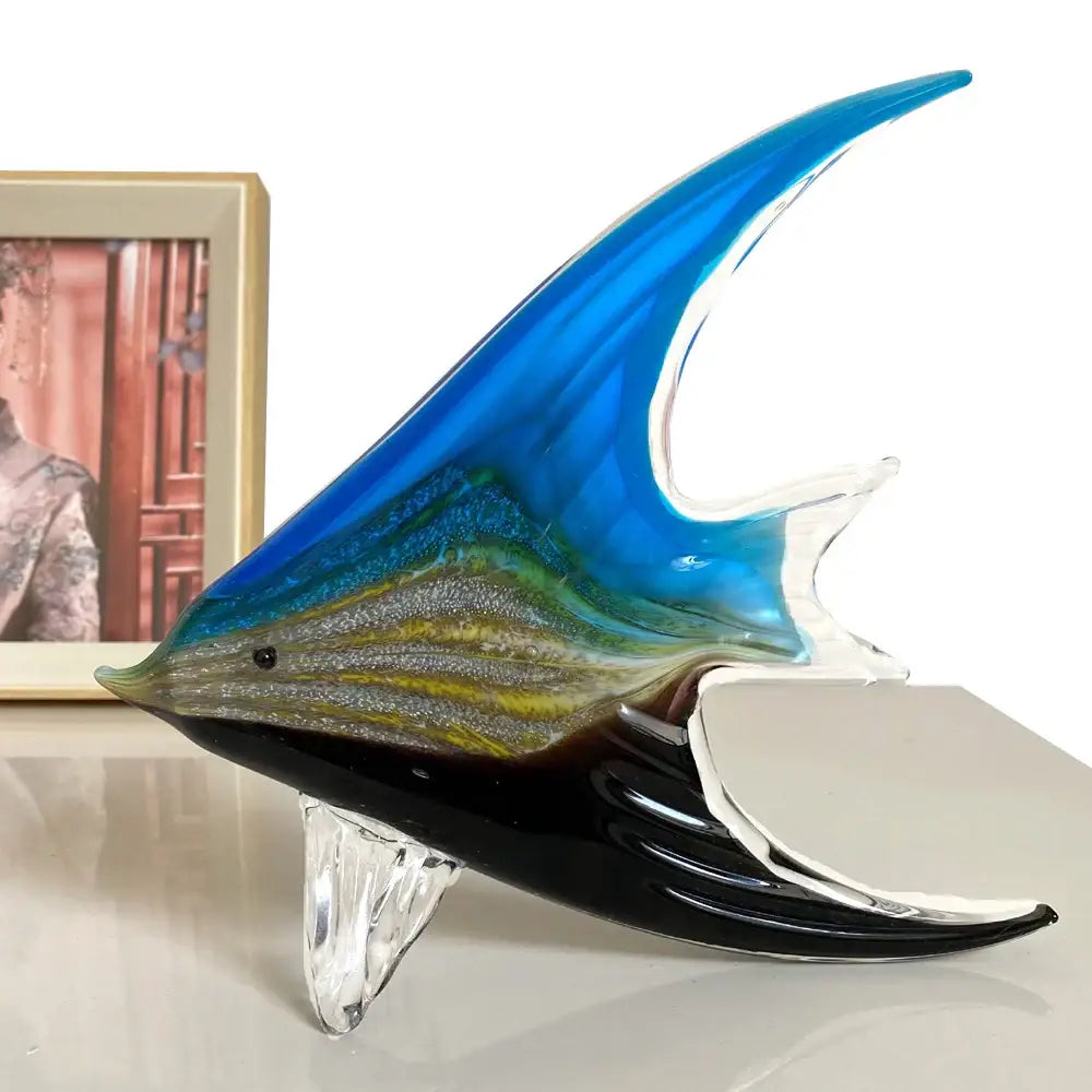 Hand blown tropical fish glass figurines featuring a vibrant blue black marlin with translucent fins and shimmering gradient body
