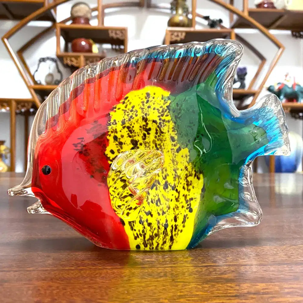 Vibrant multicolored hand blown tropical glass figurines of fish in red yellow green and blue for living room decor