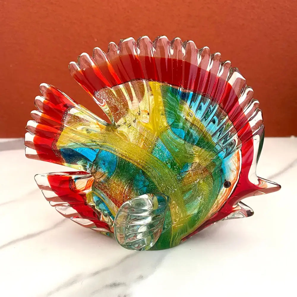 Vibrant hand blown tropical glass figurines featuring multicolored blown tropical fish for living room decor