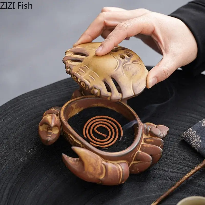 Hand carved brown crab ceramic incense burner with warm glaze and detailed shell patterns for living room decorbites crab ceramic decor
