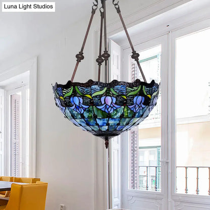 Hand-Cut Glass Pendant Flower Chandelier Light Fixture - Mediterranean Style, 2 Lights, Red/Blue