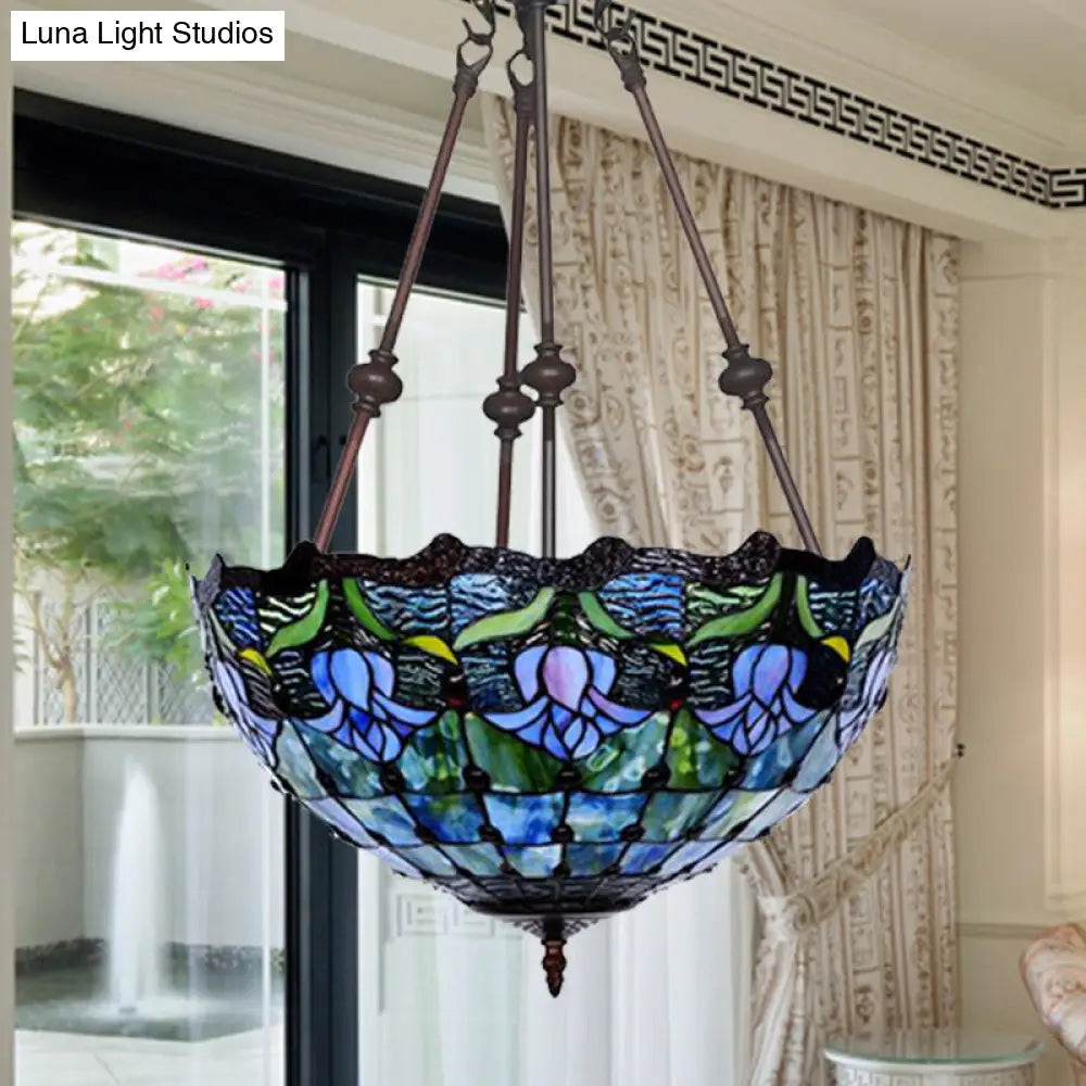 Hand-Cut Glass Pendant Flower Chandelier Light Fixture - Mediterranean Style, 2 Lights, Red/Blue