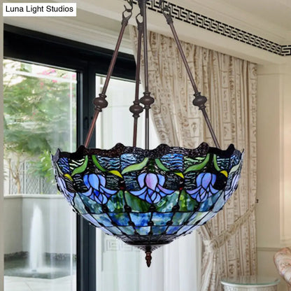Hand-Cut Glass Pendant Flower Chandelier Light Fixture - Mediterranean Style, 2 Lights, Red/Blue